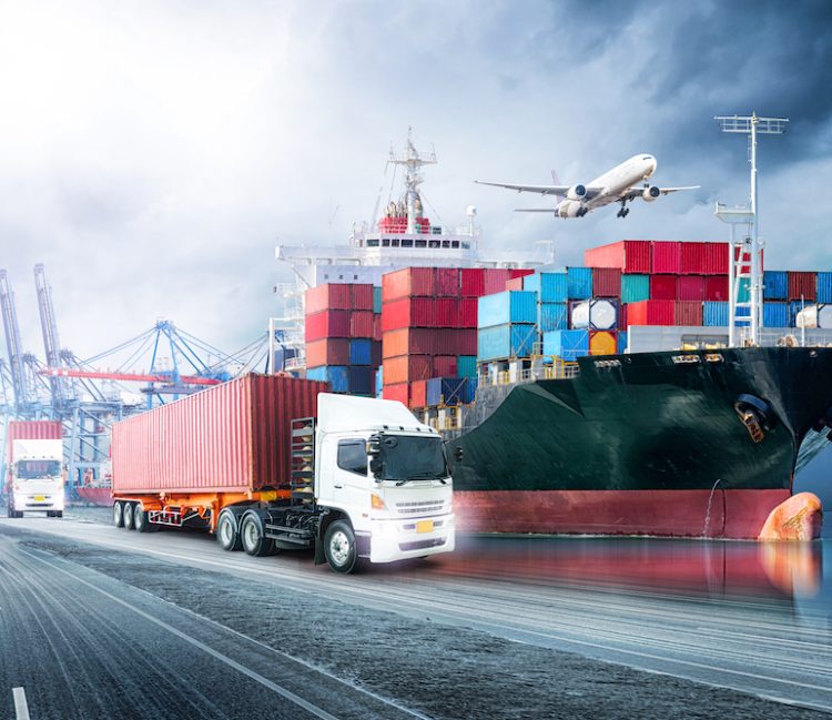 Logistics import export background and transport industry of Container Cargo freight ship at sunset sky